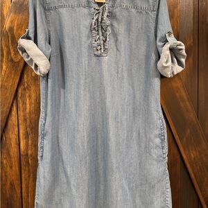 Philosophy Chambray Tencel Lace Up Shift Dress M Pockets Roll Tab Sleeve
